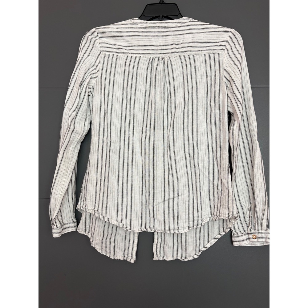 Zac & Rachel Womens Linen Blend Striped Button Down Blouse White Black Small - Picture 2 of 6